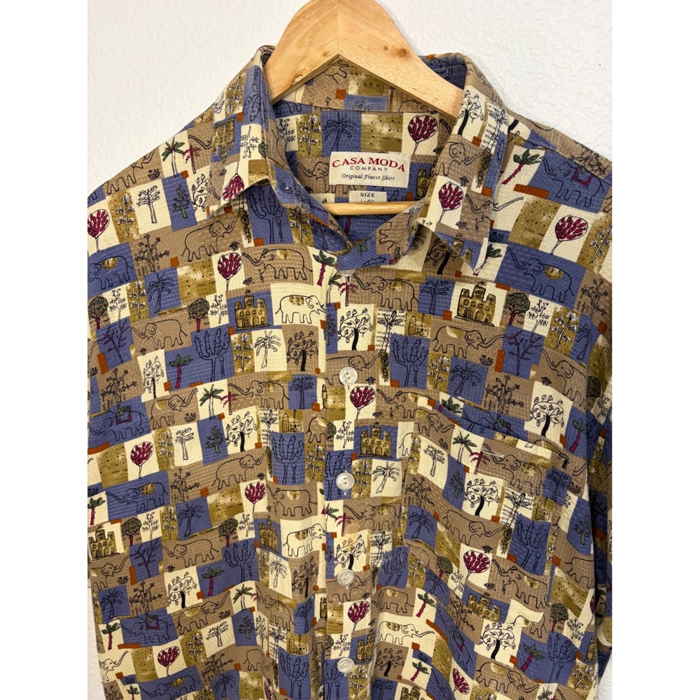Casa Moda Company Mens L Elephant Safari Block Print Short Sleeve Button UpShirt - Picture 3 of 5